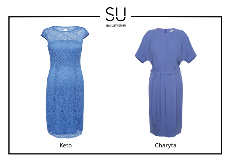 dopasowana sukienka nawiązująca do „małej czarnej” tylko w wersji niebieskiej - model Keto oraz szafirowy look casualowy – model Charyta; 